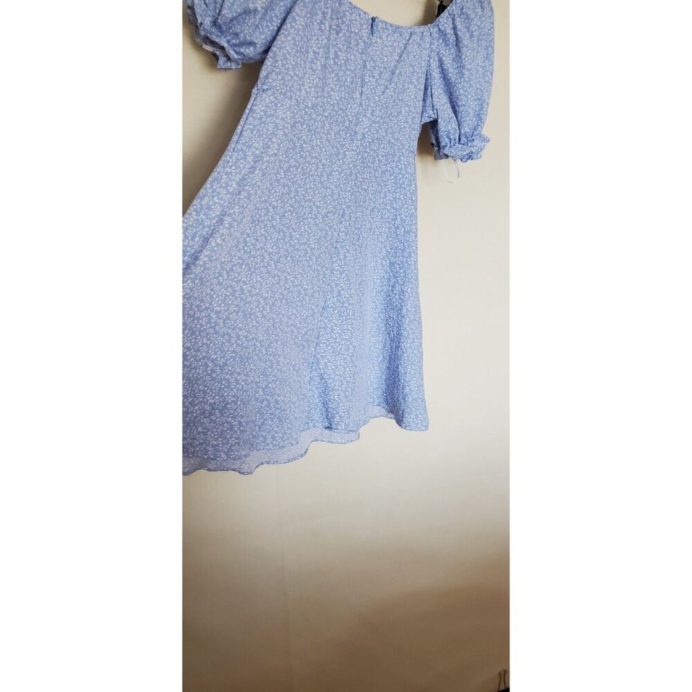 Blue Floral Dress Size S Back Zip Cottage Core Puffed Short Sleeve Off Shoulders - Picture 15 of 16